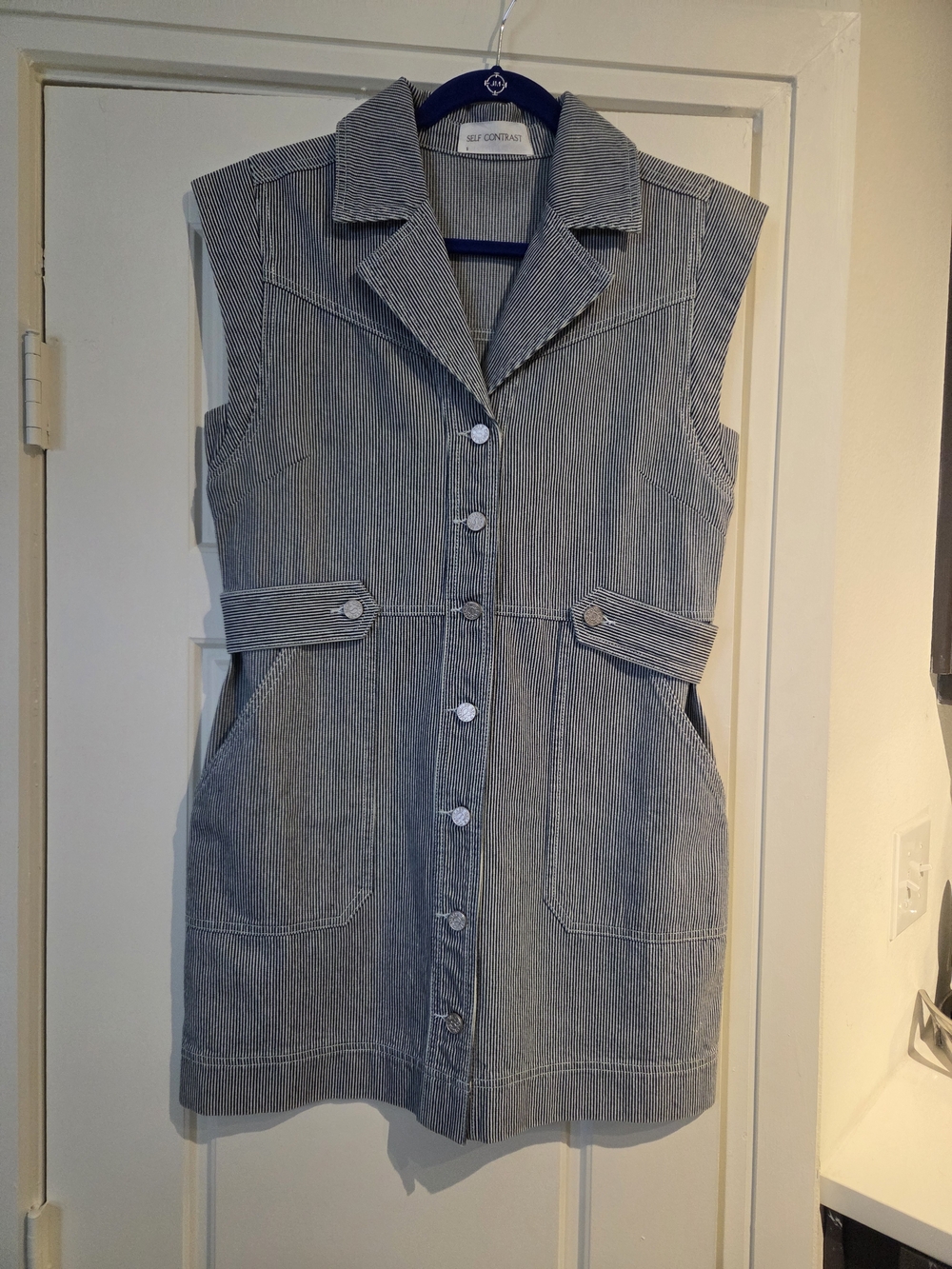 Self Contrast Sleeveless Blue And White Striped Button-Front Mini Dress